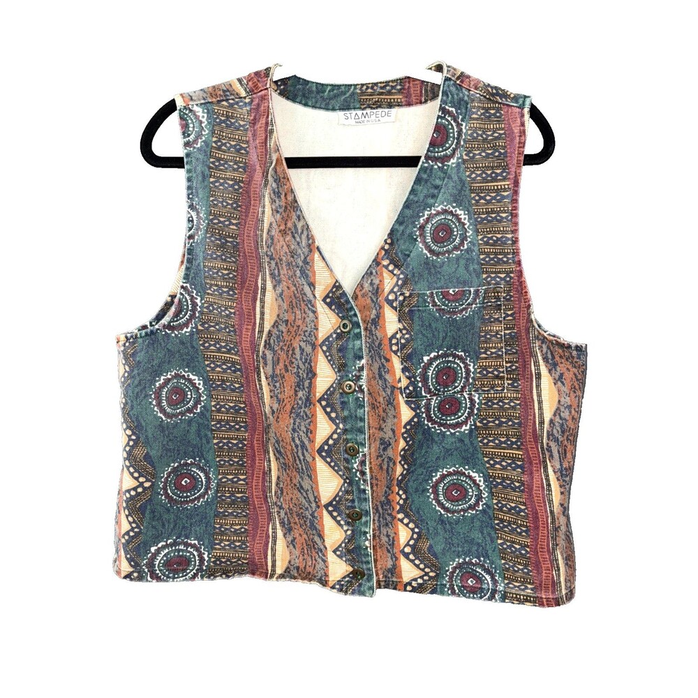 Vtg 80s Stampede Denim Vest Medium Western Aztec Southwest Cowgirl Country